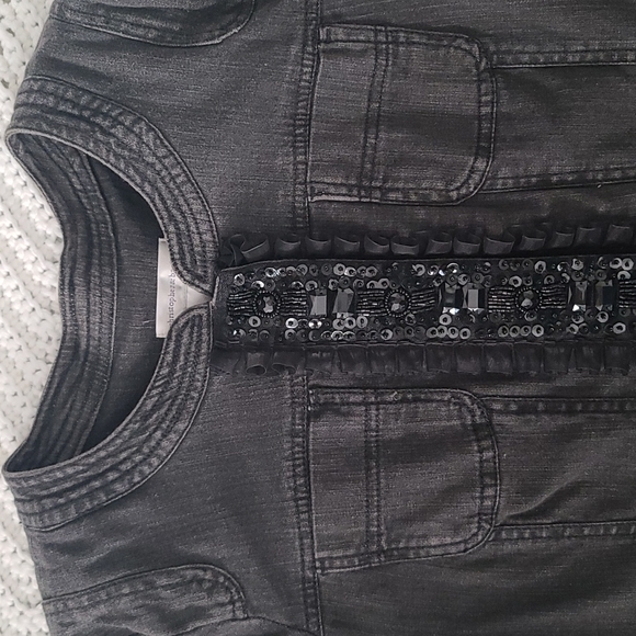 Faded black gray denim jacket with sequins and ribbon detail size medium - Picture 4 of 9